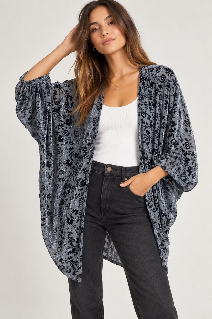 Feathers by Tolani Velvet Burnout Floral Kimono Cardigan OS Blue Gray Boho